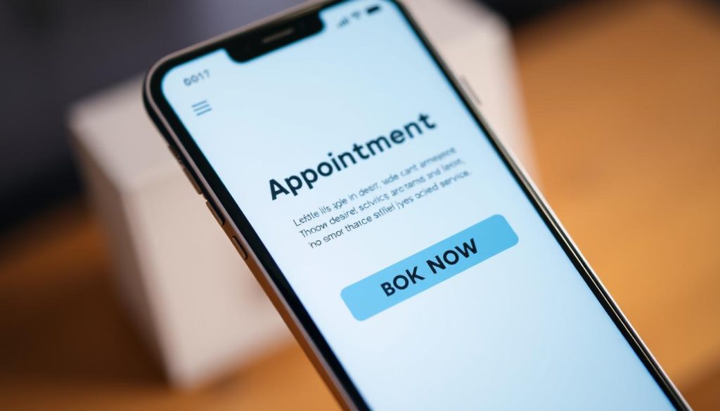 A bright, modern smartphone screen displaying a sleek online appointment booking interface. The screen showcases a clean, minimalist design with bold typography, intuitive navigation, and a calming color palette of blues and grays. In the foreground, a clear "Book Now" button stands out, inviting the user to effortlessly schedule their desired service. The background blurs softly, placing the focus on the seamless digital experience. Subtle lighting casts a soft glow, creating a sense of technological sophistication and user-friendly efficiency. The overall scene conveys the ease and convenience of managing one's appointments through a thoughtfully designed digital platform.