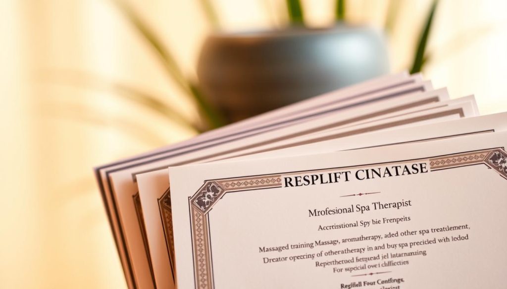 A close-up image of a stack of professional spa therapist certificates against a soft, blurred background. The certificates are crisp and well-presented, showcasing various accreditations and specialized training in massage, aromatherapy, and other spa treatments. The lighting is warm and diffused, creating a serene, spa-like atmosphere. The depth of field is shallow, placing the focus squarely on the certificates while hinting at the lush, tranquil environment they belong in.