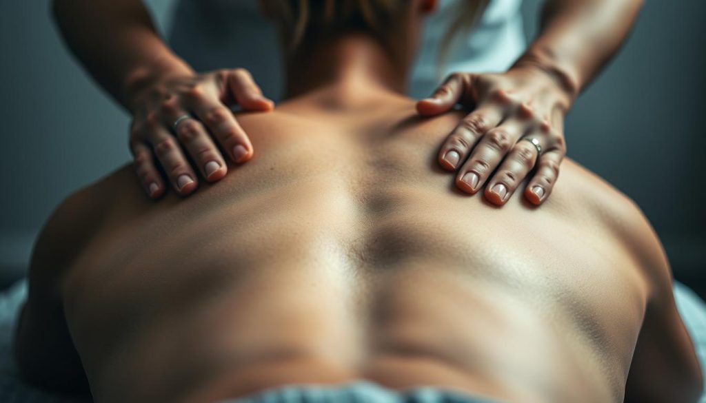 A close-up view of a person's back, showcasing various massage techniques being applied. The foreground features the skilled hands of a massage therapist, utilizing different massage tools and techniques such as kneading, stroking, and tapping. The middle ground depicts the relaxed muscles of the client, with a soothing, dimly lit environment. The background is hazy, conveying a sense of tranquility and focus. The lighting is soft and diffused, creating a calming, therapeutic atmosphere. The scene captures the essence of medical massage, highlighting the precision and care taken by the practitioner.