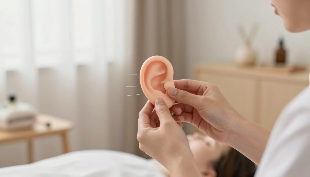 A close-up view of a professional setting highlighting ear massage techniques for alleviating ear pain. In the foreground, showcase a pair of hands gently applying pressure to a simplified diagram of an ear, utilizing soft, anatomical outlines to illustrate points of massage. The middle ground features a calming, minimalist treatment room with soft lighting, evoking a serene atmosphere. Light filters through sheer curtains, casting gentle shadows. In the background, tools associated with massage therapy are subtly positioned, emphasizing a professional and tranquil environment. The overall mood should be soothing and therapeutic, inviting viewers to understand the significance of massage in addressing ear discomfort, while keeping the focus on the technique and setting without any human presence or text.