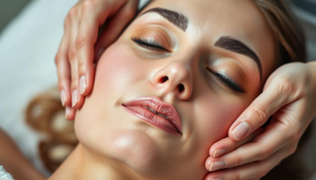 A close-up view of a woman's hands performing a lymphatic drainage massage on her face, using gentle, rhythmic strokes. The skin on her face appears soft and glowing, with a serene expression. The background is blurred, allowing the focus to remain on the massage technique. The lighting is soft and diffused, creating a calming, spa-like atmosphere. The image conveys a sense of relaxation and wellness, showcasing the benefits of this therapeutic massage.