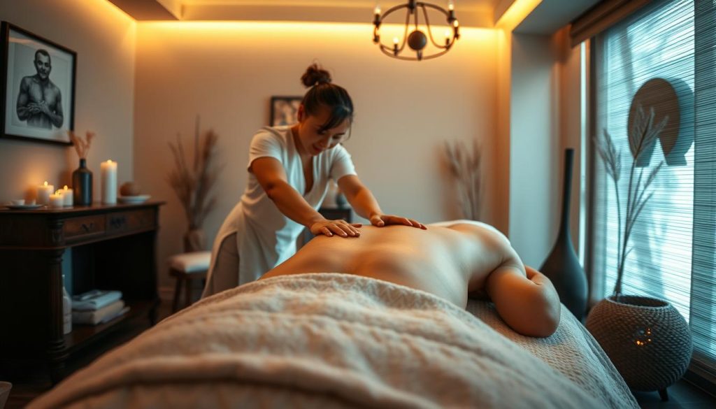 A cozy and intimate boutique massage studio, bathed in warm lighting and soft textures. The therapist's skilled hands work delicately along the client's back, using a range of specialized techniques - from gentle Swedish strokes to deep tissue kneading. The atmosphere is tranquil and serene, with soothing aromas and muted decor that create a sense of relaxation and personal attention. The camera captures the scene from a low angle, emphasizing the therapist's focused movements and the client's state of profound calm.
