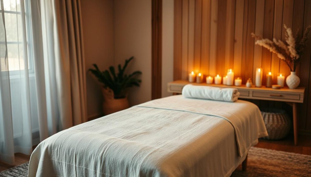 A cozy and intimate home massage setting, with a plush massage table situated in a warm, inviting room. Soft, diffused lighting creates a relaxing ambiance, while natural textures like wooden accents and linen fabrics add a sense of comfort and tranquility. Aromatherapy candles flicker, emitting soothing scents that enhance the relaxation experience. The massage table is adorned with crisp, clean linens, inviting the viewer to imagine the restorative therapy about to unfold. The overall scene exudes a serene, spa-like atmosphere, capturing the essence of an in-home massage session in Sancaktepe.