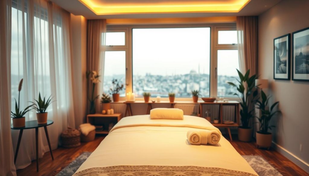 A cozy and inviting home setting, bathed in warm, soft lighting. In the foreground, a massage table sits prominently, adorned with plush linens and towels, ready to provide a soothing and rejuvenating experience. The middle ground features harmonious decor elements, such as potted plants, candles, and calming artwork, creating a tranquil ambiance. The background showcases the Istanbul cityscape, hinting at the urban context while maintaining a serene and relaxing atmosphere. The overall scene conveys a sense of comfort, professionalism, and high-quality massage services available in the comfort of one's own home.