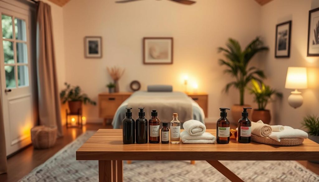 A cozy and inviting home setting, with a plush massage table positioned in the middle of a warm, well-lit room. Soft lighting casts a gentle glow, creating a peaceful and tranquil atmosphere. Neatly arranged on a nearby table, an array of massage tools and accessories, including aromatic oils, soft towels, and soothing lotions, all ready to be used in a rejuvenating self-care ritual. The room is adorned with natural elements, such as potted plants and subtle wall art, adding to the overall serene and relaxing ambiance.