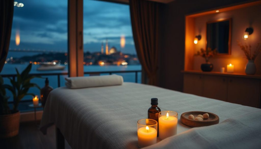 A cozy and inviting massage studio setting, dimly lit with soft, warm lighting. On a wooden massage table, plush white linens and a serene array of massage oils and aromatherapy candles. In the background, a view of the Bosphorus with the iconic Istanbul skyline in the distance. The atmosphere exudes a sense of tranquility and relaxation, perfectly capturing the indulgent yet affordable student massage experience. A cozy and inviting massage studio setting, dimly lit with soft, warm lighting. On a wooden massage table, plush white linens and a serene array of massage oils and aromatherapy candles. In the background, a view of the Bosphorus with the iconic Istanbul skyline in the distance. The atmosphere exudes a sense of tranquility and relaxation, perfectly capturing the indulgent yet affordable student massage experience.