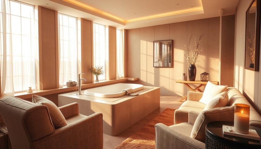 A cozy and inviting spa room with natural light streaming in through large windows, showcasing a luxurious bathtub and plush seating areas. The space is adorned with soft, warm-toned fabrics, elegant furnishings, and subtle decorative accents that create a serene and rejuvenating atmosphere. The lighting is a harmonious blend of ambient and task-oriented, setting the perfect mood for relaxation and pampering. The room's layout is thoughtfully designed, with a focus on comfort and functionality, allowing visitors to fully immerse themselves in the spa experience.