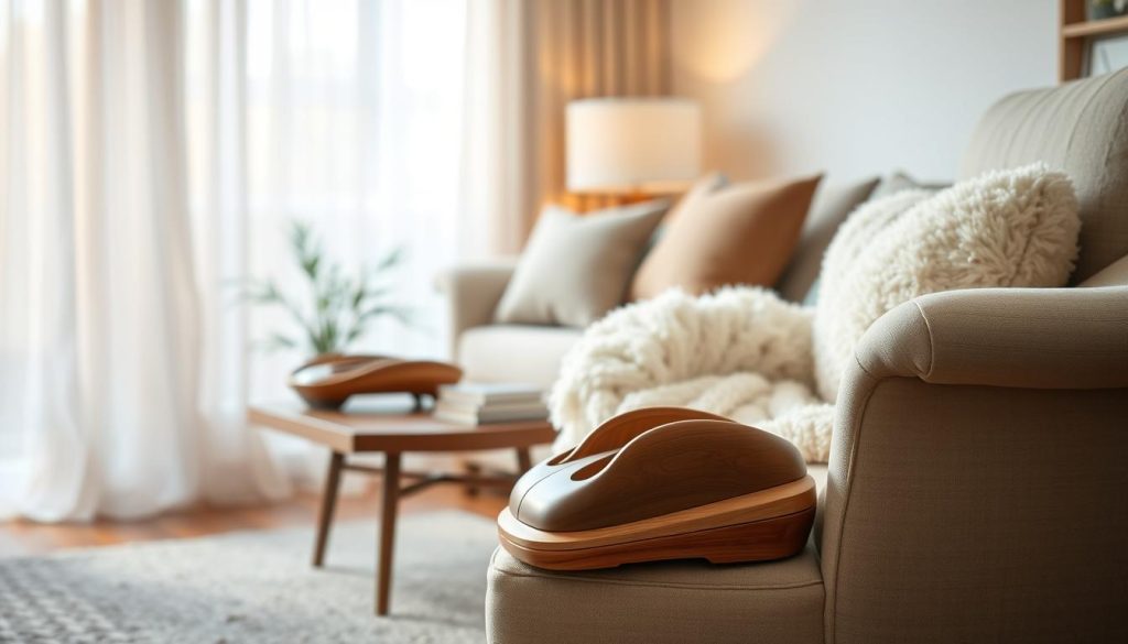 A cozy and relaxing home scene with a plush, overstuffed armchair positioned in the foreground. Soft, diffused lighting filters through sheer curtains, creating a warm, inviting atmosphere. The chair is adorned with a fluffy blanket and a couple of plush pillows, inviting the viewer to sink in and unwind. In the middle ground, a sturdy, wooden foot massage device rests on a low table, its smooth, ergonomic design hinting at the soothing experience it provides. The background is gently blurred, suggesting a tranquil, uncluttered living space, free from distractions, where the focus is solely on self-care and relaxation.