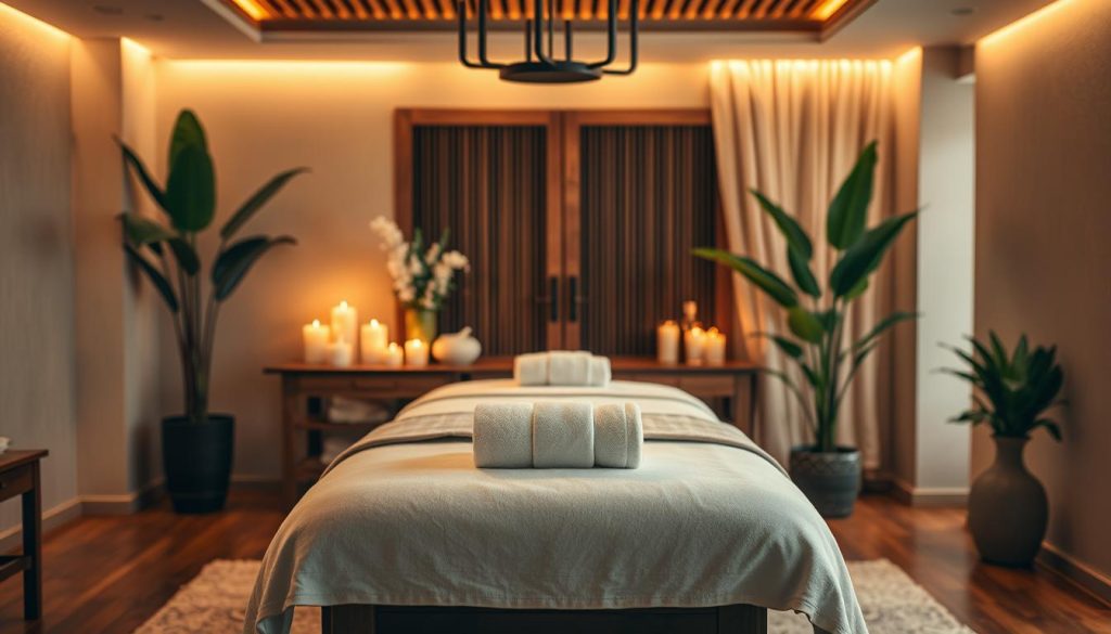 A cozy and serene butik masaj studio, bathed in warm, ambient lighting. A elegant, wooden massage table takes center stage, surrounded by lush greenery and soothing aromatherapy candles. Soft, plush towels and luxurious massage oils are neatly arranged, hinting at the rejuvenating treatments on offer. The overall atmosphere exudes a sense of tranquility and exclusivity, inviting the viewer to indulge in a blissful, personalized massage experience. The scene is captured through a shallow depth of field, emphasizing the intimate and personalized nature of the butik masaj offerings.