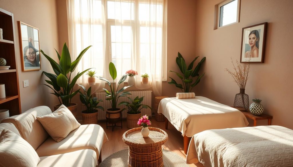 A cozy and serene massage parlor nestled in the tranquil neighborhood of Yeşilköy, Istanbul. The interior exudes a calming atmosphere with soft lighting, plush furnishings, and soothing earth-toned decor. Lush potted plants and subtle floral accents add a touch of natural elegance. Sunlight filters through large windows, casting a warm, inviting glow throughout the space. The scene evokes a sense of relaxation and rejuvenation, perfectly suited for the specialized women's massage services offered within. A cozy and serene massage parlor nestled in the tranquil neighborhood of Yeşilköy, Istanbul. The interior exudes a calming atmosphere with soft lighting, plush furnishings, and soothing earth-toned decor. Lush potted plants and subtle floral accents add a touch of natural elegance. Sunlight filters through large windows, casting a warm, inviting glow throughout the space. The scene evokes a sense of relaxation and rejuvenation, perfectly suited for the specialized women's massage services offered within.