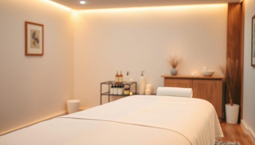 A cozy and serene massage therapy studio, illuminated by warm, diffused lighting. The room features clean, minimalist decor with natural wood accents, creating a calming ambiance. In the foreground, a massage table covered in crisp, white linens stands ready for the therapist's skilled hands. In the middle ground, various massage oils, lotions, and soothing scented candles are neatly arranged on a side table, hinting at the tranquil experience to come. The background is softly blurred, focusing the viewer's attention on the inviting, professional massage setting.
