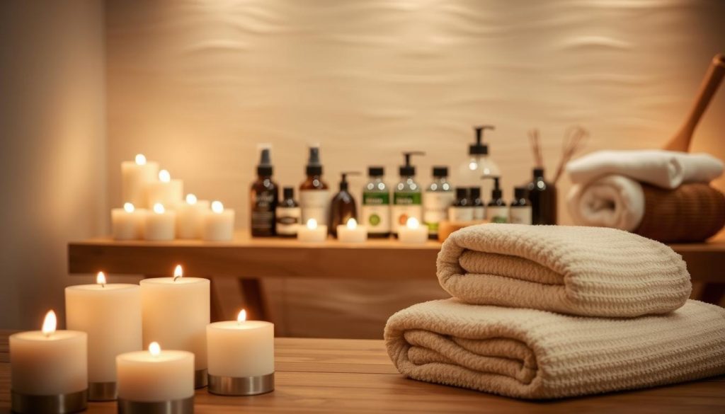 A cozy and serene spa-like setting, with soft lighting and a tranquil atmosphere. In the foreground, a collection of fragrant candles and a stack of plush towels. In the middle ground, an array of spa products, including essential oils and massage tools, arranged neatly on a wooden table. The background features a soothing, textured wall, creating a sense of warmth and relaxation. The overall composition evokes a peaceful and rejuvenating experience, conveying the essence of the "Ümraniye Masöz Hizmetleri: Profesyonel Ellerle Stres ve Yorgunluğa Veda" service. A cozy and serene spa-like setting, with soft lighting and a tranquil atmosphere. In the foreground, a collection of fragrant candles and a stack of plush towels. In the middle ground, an array of spa products, including essential oils and massage tools, arranged neatly on a wooden table. The background features a soothing, textured wall, creating a sense of warmth and relaxation. The overall composition evokes a peaceful and rejuvenating experience, conveying the essence of the "Ümraniye Masöz Hizmetleri: Profesyonel Ellerle Stres ve Yorgunluğa Veda" service.