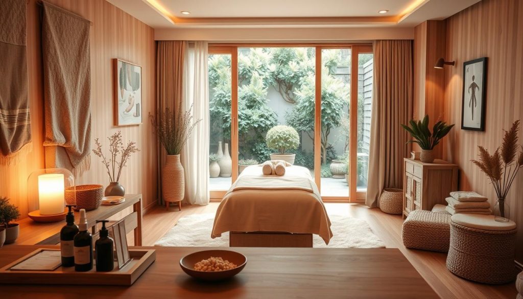 A cozy and tranquil massage studio, bathed in warm, diffused lighting. Soft, natural textures adorn the space - plush throws, wooden accents, and muted tones create a calming ambiance. A neatly organized desk in the foreground holds various massage oils and tools, hinting at the attentive, personalized service. The middle ground features a well-appointed massage table, inviting the viewer to imagine the rejuvenating experience. In the background, a view of a lush, serene garden or courtyard offers a soothing, natural backdrop, complementing the overall sense of relaxation and mindful time management.