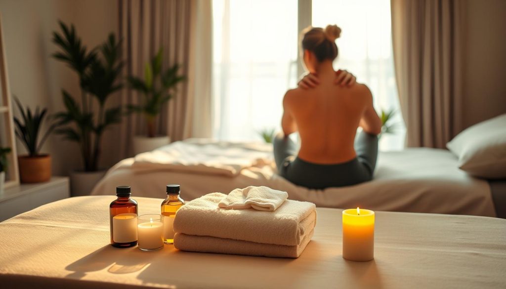 A cozy bedroom scene with a massage therapist's table in the foreground, bathed in warm, diffused lighting. On the table, an assortment of massage oils, aromatherapy candles, and a plush towel. In the middle ground, a person sits on the edge of the bed, performing a self-massage technique on their neck and shoulders. The background depicts a tranquil, minimalist decor with potted plants, soft textures, and a serene window view. The overall atmosphere conveys a sense of relaxation, self-care, and the ability to recreate professional-level techniques in the comfort of one's own home. A cozy bedroom scene with a massage therapist's table in the foreground, bathed in warm, diffused lighting. On the table, an assortment of massage oils, aromatherapy candles, and a plush towel. In the middle ground, a person sits on the edge of the bed, performing a self-massage technique on their neck and shoulders. The background depicts a tranquil, minimalist decor with potted plants, soft textures, and a serene window view. The overall atmosphere conveys a sense of relaxation, self-care, and the ability to recreate professional-level techniques in the comfort of one's own home.