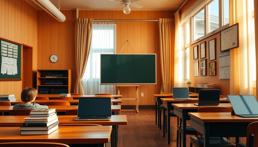 A cozy classroom setting, warm lighting casting a golden glow. Rows of wooden desks, each topped with a stack of books and a sleek laptop. A chalkboard at the front, crisp and clean, inviting the viewer to imagine an engaging lesson. Soft curtains frame large windows, allowing natural light to filter in, creating a serene and focused atmosphere. The walls are adorned with educational charts and diplomas, exuding a sense of professionalism and expertise. The overall scene conveys a space dedicated to learning, growth, and the pursuit of knowledge.