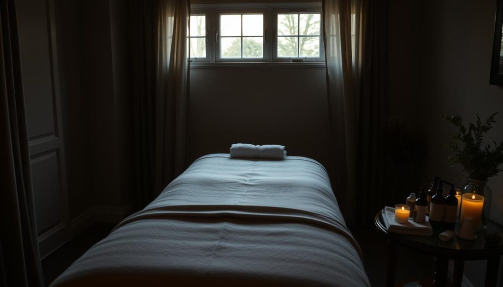 A cozy, dimly lit bedroom setting with a plush, inviting massage table in the center. Soft, ambient lighting filters in through the windows, casting a warm, relaxing glow. Nearby, an assortment of massage oils, lotions, and towels are neatly arranged on a side table, suggesting the preparation for a soothing in-home massage session. The overall atmosphere exudes a sense of tranquility and anticipation, hinting at the restorative experience to come.