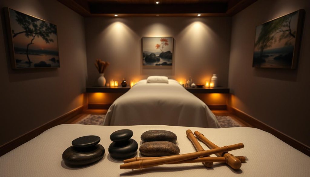 A cozy, dimly-lit massage studio with a soothing ambiance. A massage table is positioned in the center, draped with crisp white linens and accented by plush pillows. The walls are adorned with tranquil nature-inspired artwork, creating a serene atmosphere. Soft lighting emanates from discreet fixtures, casting a warm glow throughout the space. Essential oils diffuse subtle, calming aromas. In the foreground, an array of massage tools, such as smooth river stones, therapeutic oils, and bamboo tools, are neatly arranged, ready to be employed in a precise, targeted massage technique.