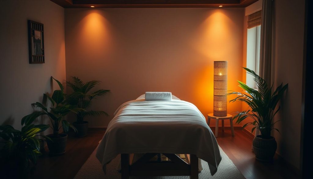 A cozy, dimly lit room with soft, warm lighting casting a soothing glow. In the center, a plush massage table is set up, adorned with crisp, white linens. Lush, verdant potted plants flank the sides, adding a touch of natural tranquility. The walls are painted in a calming, earthy tone, complemented by the subtle textures of the wooden accents. A sense of serenity and relaxation permeates the space, inviting the viewer to imagine the serene, therapeutic experience of an in-home massage.