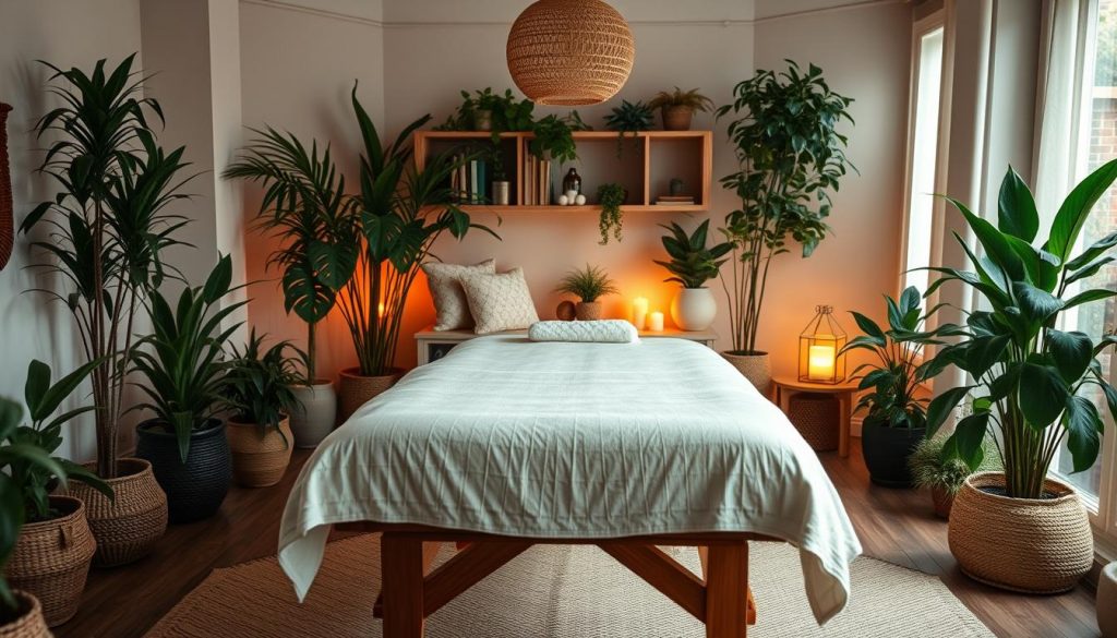 A cozy home environment with a serene atmosphere. A plush, inviting massage table sits in the center, surrounded by lush houseplants, warm lighting, and soft textures. The room exudes a sense of tranquility and relaxation, creating an ideal setting for a rejuvenating in-home massage experience. The camera captures the scene from a slightly elevated angle, showcasing the attention to detail and overall calming ambiance. Muted earth tones, natural materials, and a gentle, diffused lighting scheme contribute to the sense of comfort and therapeutic wellness.