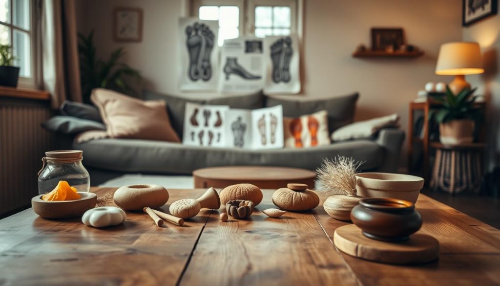 A cozy home interior with a wooden table in the foreground, featuring a selection of natural objects and tools associated with reflexology techniques. Warm, diffused lighting from a window or lamp creates a calming atmosphere. In the middle ground, various foot reflexology maps and diagrams are displayed, illustrating pressure points and meridians. The background showcases simple, minimalist decor, allowing the reflexology elements to take center stage. The overall composition conveys a sense of relaxation, wellness, and the empowerment of self-care practices that can be performed in the comfort of one's own home.