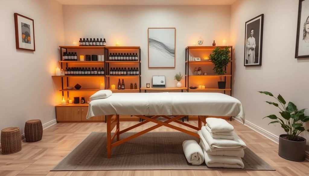 A cozy home office with a massage table in the center, surrounded by shelves of essential oils, scented candles, and soothing background music. The lighting is soft and warm, creating a tranquil atmosphere. The table is neatly made with clean linens, and a few plush towels are folded nearby, ready for use. The walls are adorned with minimalist art pieces, and a potted plant adds a touch of greenery to the space. The overall scene conveys a sense of relaxation and affordability, perfectly capturing the essence of "Evde Masaj Ekonomik Değerlendirme".