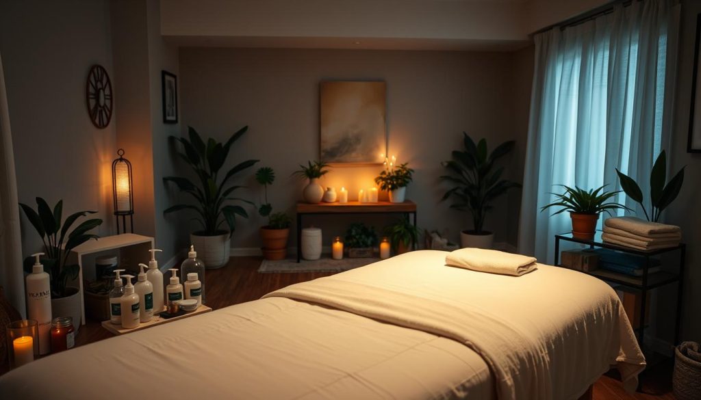 A cozy home setting, dimly lit with warm, ambient lighting, showcasing various massage equipment and accessories. In the foreground, a massage table is positioned, draped with soft, plush linens. Alongside it, an array of massage oils, lotions, and tools are neatly arranged. In the middle ground, a soothing, calming atmosphere is created with the presence of potted plants, candles, and soft, muted colors. The background features a tranquil, minimalist decor, with clean lines and neutral tones, conveying a sense of relaxation and serenity. The overall scene exudes a serene, inviting, and professional atmosphere suitable for a home-based massage service.
