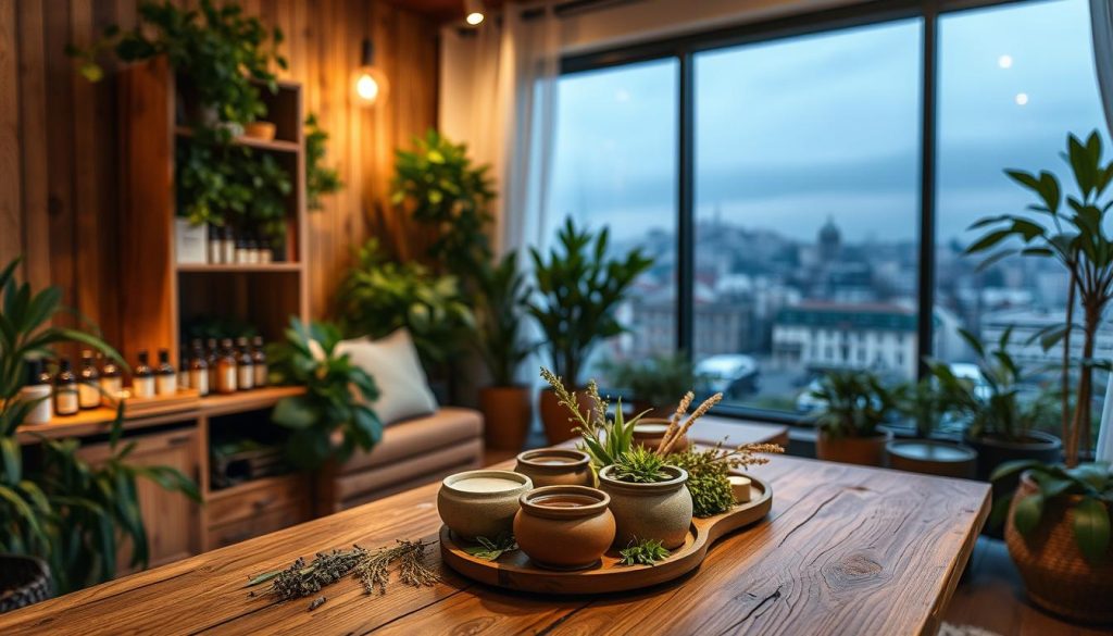 A cozy, intimate aromatherapy studio in the heart of Istanbul. Soft lighting illuminates a tranquil space filled with lush greenery, wooden accents, and the gentle aroma of essential oils. In the foreground, a selection of natural botanicals and handcrafted ceramic vessels sit on a rustic wooden table, inviting visitors to indulge in the restorative properties of herbal teas and plant-based remedies. The background features a large window overlooking the city skyline, creating a serene and rejuvenating ambiance. The overall atmosphere evokes a sense of mindfulness, wellness, and the restorative power of nature. A cozy, intimate aromatherapy studio in the heart of Istanbul. Soft lighting illuminates a tranquil space filled with lush greenery, wooden accents, and the gentle aroma of essential oils. In the foreground, a selection of natural botanicals and handcrafted ceramic vessels sit on a rustic wooden table, inviting visitors to indulge in the restorative properties of herbal teas and plant-based remedies. The background features a large window overlooking the city skyline, creating a serene and rejuvenating ambiance. The overall atmosphere evokes a sense of mindfulness, wellness, and the restorative power of nature.