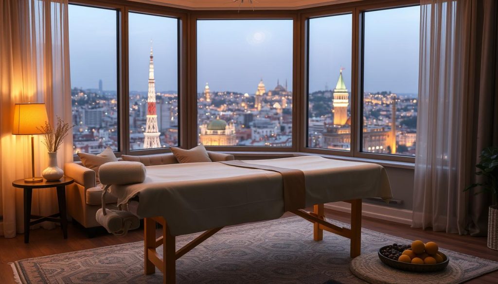 A cozy living room setting, with a massage table positioned prominently in the middle. Soft, warm lighting illuminates the scene, creating a serene and inviting atmosphere. In the background, a large window offers a glimpse of the bustling city skyline of Istanbul, hinting at the mobility and convenience of the mobile massage service. The massage table is adorned with plush linens, and an array of massage oils and tools are neatly arranged nearby, suggesting the professionalism and attention to detail of the massage therapist. The overall composition conveys a sense of tranquility and comfort, perfectly capturing the essence of an in-home massage experience in the heart of Istanbul.