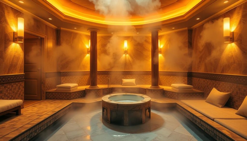 A cozy, luxurious family-sized hammam suite in Istanbul, bathed in warm, golden lighting. The spacious interior features intricately tiled walls, a central marble basin, and plush seating areas. Soft, billowing steam creates a serene, restorative atmosphere, inviting visitors to indulge in a soothing massage and rejuvenating thermal experience. The scene evokes a sense of tranquility and relaxation, capturing the essence of an authentic Istanbul hammam ritual. A cozy, luxurious family-sized hammam suite in Istanbul, bathed in warm, golden lighting. The spacious interior features intricately tiled walls, a central marble basin, and plush seating areas. Soft, billowing steam creates a serene, restorative atmosphere, inviting visitors to indulge in a soothing massage and rejuvenating thermal experience. The scene evokes a sense of tranquility and relaxation, capturing the essence of an authentic Istanbul hammam ritual.