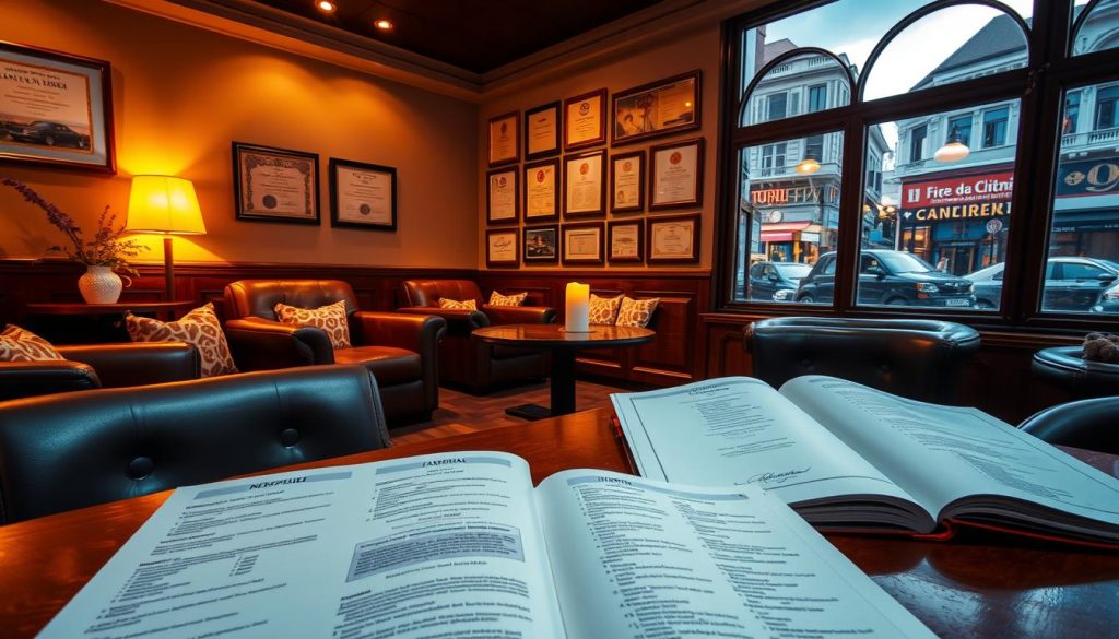 A cozy massage parlor, dimly lit with warm, golden hues. Plush leather chairs and soothing scents of lavender and eucalyptus fill the air. In the foreground, a collection of client profiles lies open on a polished wooden table, each page revealing the unique needs and preferences of the establishment's diverse patrons. The middle ground showcases a series of framed certificates and accolades, attesting to the masseuses' expertise and dedication. In the background, a large window overlooks the bustling streets of Istanbul, a juxtaposition of the tranquil sanctuary and the lively city beyond. The overall atmosphere conveys a sense of harmony, where weary souls find respite and rejuvenation.