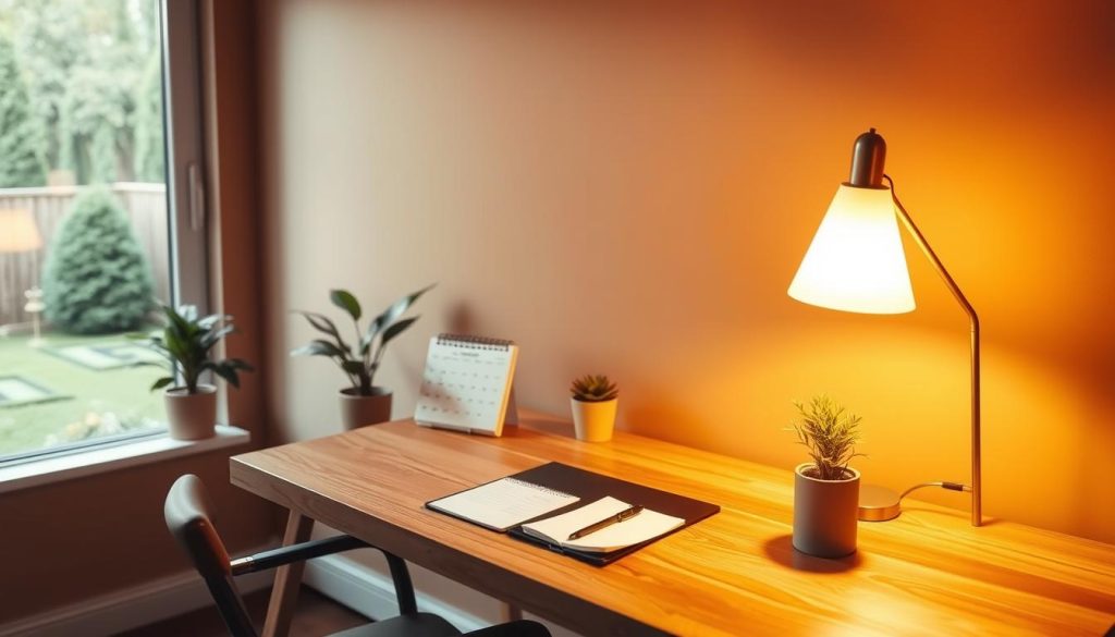 A cozy, minimalist office setting with a wooden desk, a laptop, a stylish desk lamp, and a potted plant. The desk is neatly organized, with a calendar, a pen, and a notebook. The walls are painted in a warm, earthy tone, and the lighting is soft and inviting, creating a serene atmosphere. The room is bathed in natural light, with a large window overlooking a peaceful garden. The overall mood is one of tranquility and productivity, perfect for planning a relaxing massage appointment.