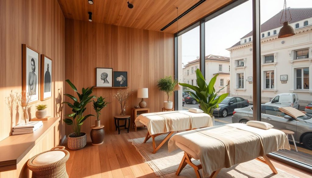 A cozy, modern boutique massage studio nestled in the vibrant heart of Istanbul. The sun-drenched space features warm, natural wood accents, plush textiles, and soft, ambient lighting, creating a serene, inviting atmosphere. Elegant potted plants and artful decor add elegant, refined touches. The studio's sleek, minimalist design blends seamlessly with the historic architecture of the surrounding neighborhood. Clients can be seen through the large display windows, enjoying personalized, high-quality massage treatments in private, intimate treatment rooms. A cozy, modern boutique massage studio nestled in the vibrant heart of Istanbul. The sun-drenched space features warm, natural wood accents, plush textiles, and soft, ambient lighting, creating a serene, inviting atmosphere. Elegant potted plants and artful decor add elegant, refined touches. The studio's sleek, minimalist design blends seamlessly with the historic architecture of the surrounding neighborhood. Clients can be seen through the large display windows, enjoying personalized, high-quality massage treatments in private, intimate treatment rooms.