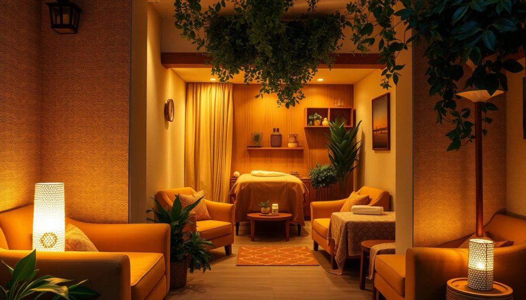A cozy, welcoming massage studio nestled in a tranquil side street of Istanbul. Soft, ambient lighting casts a warm glow, inviting visitors to unwind. Plush, earthy-toned furnishings create an intimate, luxurious atmosphere. Wooden accents and potted plants lend a natural, soothing ambiance. The studio's prime location offers easy accessibility, yet maintains a sense of privacy and exclusivity. The camera captures the inviting entryway, drawing the viewer inside this oasis of relaxation and indulgence.