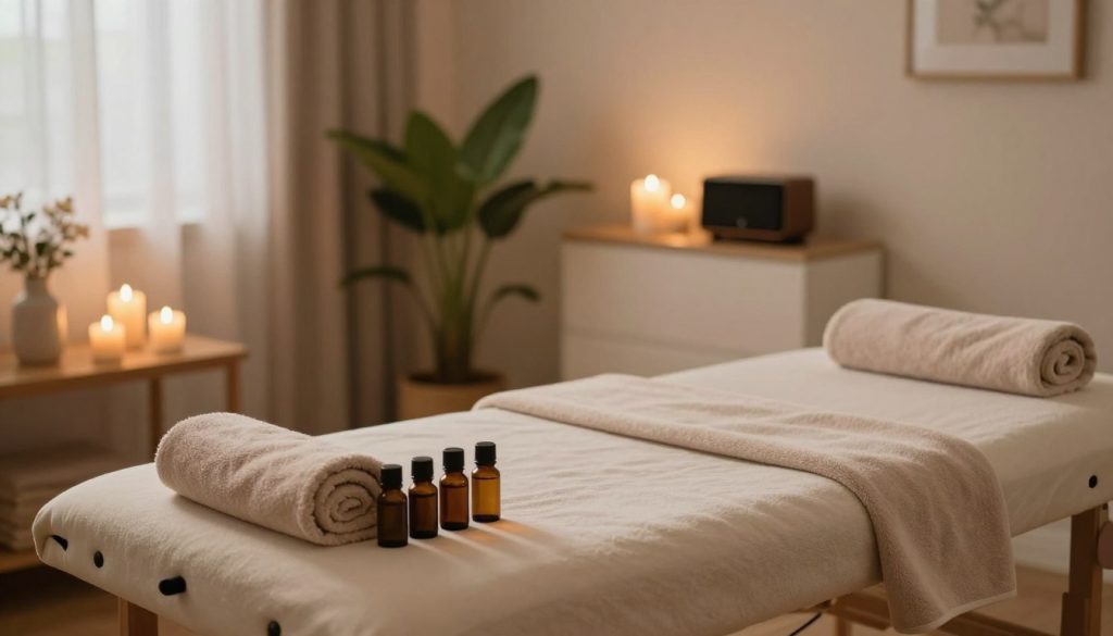 A cozy, well-lit home environment designed for massage therapy. In the foreground, a plush massage table adorned with soft, neutral-colored towels and an arrangement of aromatic essential oils. In the middle ground, a serene space featuring a soothing indoor plant, candles softly glowing on a nearby shelf, and a relaxing sound system set up. The background reveals a peaceful ambiance with warm lighting creating a calming effect. The overall atmosphere is tranquil and inviting, ideal for an at-home massage session focused on relieving neck and shoulder tension. The composition emphasizes a harmonious blend of relaxation and comfort, with soft shadows and gentle highlights enhancing the soothing mood.