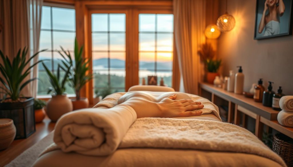 A cozy, well-lit massage therapy room with soothing warm-toned lighting. Plush, soft towels and linens cover a massage table, inviting the viewer to relax and unwind. The room has a natural, earthy aesthetic with wooden accents and potted plants, creating a serene and calming atmosphere. The foreground features a close-up of a masseuse's hands gently kneading and manipulating the muscles of a client's back, highlighting the therapeutic benefits of massage. The middle ground showcases various massage oils, lotions, and tools neatly arranged, conveying the professional nature of the service. The background portrays a tranquil landscape through a large window, adding to the sense of peace and relaxation. A cozy, well-lit massage therapy room with soothing warm-toned lighting. Plush, soft towels and linens cover a massage table, inviting the viewer to relax and unwind. The room has a natural, earthy aesthetic with wooden accents and potted plants, creating a serene and calming atmosphere. The foreground features a close-up of a masseuse's hands gently kneading and manipulating the muscles of a client's back, highlighting the therapeutic benefits of massage. The middle ground showcases various massage oils, lotions, and tools neatly arranged, conveying the professional nature of the service. The background portrays a tranquil landscape through a large window, adding to the sense of peace and relaxation.