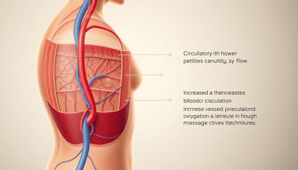 A detailed anatomical illustration depicting the comparison between the human circulatory system and the effects of massage therapy. The foreground shows a detailed cross-section of the skin and underlying tissue, highlighting the capillaries, veins, and arteries responsible for blood flow. The middle ground features a series of arrows and visual indicators demonstrating the increased blood circulation and oxygenation achieved through massage techniques. The background is a soft, muted palette with subtle gradients, creating a serene and informative atmosphere. The lighting is soft and diffused, emphasizing the delicate structures and the beneficial effects of massage on the cardiovascular system.