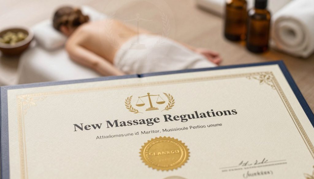 A detailed certificate highlighting "New Massage Regulations" in Turkey, prominently displaying symbols of legal compliance such as scales and laurel wreaths. The foreground features a textured, elegant certificate with a gold seal and ornate borders. In the middle, a faint watermark of a relaxing spa scene with massage tables, oils, and towels subtly blends into the background. The setting is softly lit, conveying a warm, inviting atmosphere, with gentle shadows adding depth. The background includes abstract motifs related to wellness and tranquility, enhancing the professional tone of the image. The overall mood is serene, emphasizing the importance of regulations in massage therapy practices, while remaining strictly SFW.