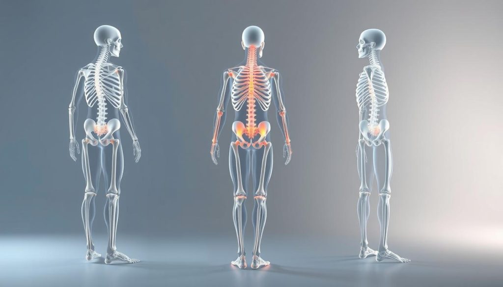 A detailed, high-resolution illustration showcasing the relationship between the skeletal system and posture. The scene should depict a transparent human figure, with the skeleton prominently visible. The skeleton should be rendered in a clean, anatomical style, highlighting key structures like the spine, hips, and joints. The figure should be positioned in various postures, illustrating how skeletal alignment affects overall body posture. The background should be a neutral, studio-like setting, with subtle lighting to accentuate the skeletal details. The color palette should be muted and scientific, with a focus on shades of gray, white, and blue. The overall mood should be educational and informative, conveying the intricate connection between the skeletal system and proper postural alignment. A detailed, high-resolution illustration showcasing the relationship between the skeletal system and posture. The scene should depict a transparent human figure, with the skeleton prominently visible. The skeleton should be rendered in a clean, anatomical style, highlighting key structures like the spine, hips, and joints. The figure should be positioned in various postures, illustrating how skeletal alignment affects overall body posture. The background should be a neutral, studio-like setting, with subtle lighting to accentuate the skeletal details. The color palette should be muted and scientific, with a focus on shades of gray, white, and blue. The overall mood should be educational and informative, conveying the intricate connection between the skeletal system and proper postural alignment.