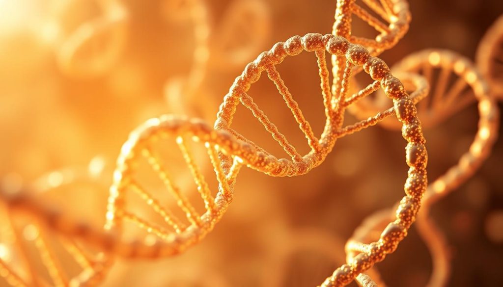 A digital illustration of the intricate structure of human DNA, represented as a highly detailed and abstract genetic code, cast in a soft, warm lighting. The code appears to be dynamically intertwined, with strands of genetic information flowing and converging, creating a visually captivating and thought-provoking composition. The overall tone is one of scientific wonder and the profound impact of genetics on our wellbeing, subtly hinting at the personalization of wellness programs through the application of AI and microbiome analysis. A digital illustration of the intricate structure of human DNA, represented as a highly detailed and abstract genetic code, cast in a soft, warm lighting. The code appears to be dynamically intertwined, with strands of genetic information flowing and converging, creating a visually captivating and thought-provoking composition. The overall tone is one of scientific wonder and the profound impact of genetics on our wellbeing, subtly hinting at the personalization of wellness programs through the application of AI and microbiome analysis.