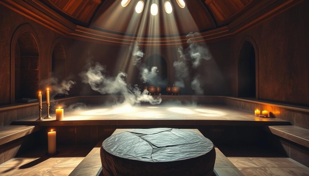 A dim-lit, cozy Turkish hamam (bathhouse) with warm, earthy tones. Sunlight filters through the domed ceiling, casting a soft glow across the marbled floors and walls. In the foreground, a large, heated stone platform stands, inviting visitors to lie down and experience the therapeutic steam and heat. Scented candles flicker, setting a tranquil, soothing atmosphere. The middle ground showcases traditional copper bowls and jugs, used for the washing rituals. In the background, the steam gently billows, creating a serene, misty ambiance. The lighting is natural, with subtle shadows that add depth and dimension to the scene. This hamam environment exudes a sense of relaxation, restoration, and overall well-being. A dim-lit, cozy Turkish hamam (bathhouse) with warm, earthy tones. Sunlight filters through the domed ceiling, casting a soft glow across the marbled floors and walls. In the foreground, a large, heated stone platform stands, inviting visitors to lie down and experience the therapeutic steam and heat. Scented candles flicker, setting a tranquil, soothing atmosphere. The middle ground showcases traditional copper bowls and jugs, used for the washing rituals. In the background, the steam gently billows, creating a serene, misty ambiance. The lighting is natural, with subtle shadows that add depth and dimension to the scene. This hamam environment exudes a sense of relaxation, restoration, and overall well-being.