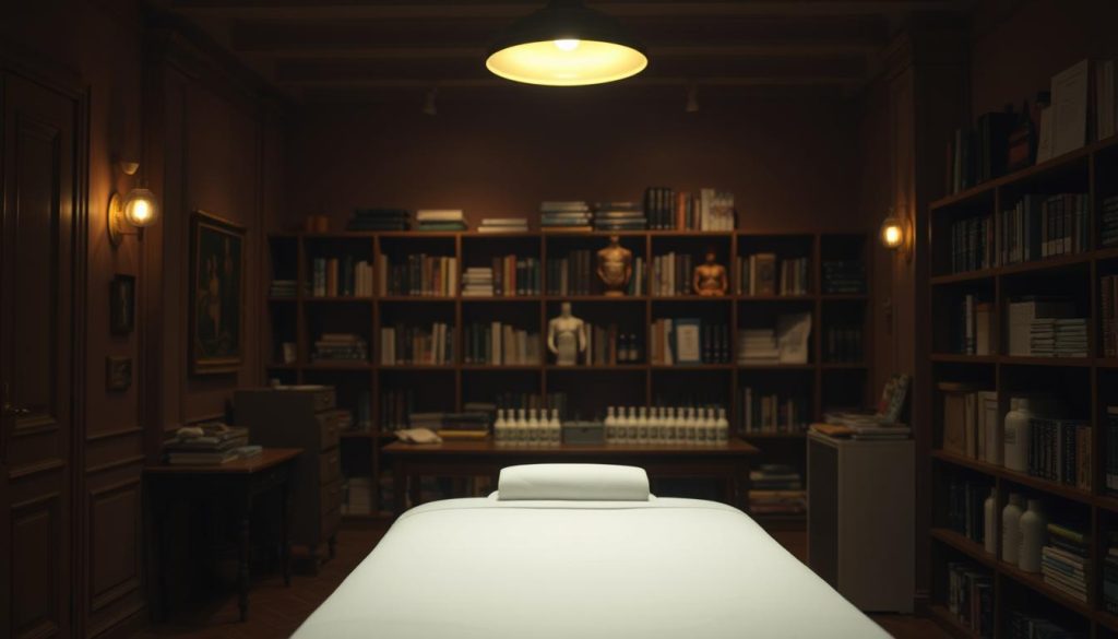 A dimly lit classroom in a historic building, warm lighting casting gentle shadows. In the foreground, a massage table stands ready, neatly draped with crisp white linens. In the middle ground, an array of massage oils and lotions, their labels barely visible. The background reveals shelves laden with reference books and anatomical models, hinting at the educational nature of the space. The atmosphere is one of quiet focus and professional dedication, reflecting the training required to become a skilled masseuse in the vibrant city of Istanbul. A dimly lit classroom in a historic building, warm lighting casting gentle shadows. In the foreground, a massage table stands ready, neatly draped with crisp white linens. In the middle ground, an array of massage oils and lotions, their labels barely visible. The background reveals shelves laden with reference books and anatomical models, hinting at the educational nature of the space. The atmosphere is one of quiet focus and professional dedication, reflecting the training required to become a skilled masseuse in the vibrant city of Istanbul.