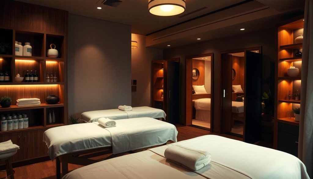 A dimly lit, cozy massage parlor interior. Soft lighting casts a warm glow, creating a tranquil ambiance. Plush massage tables draped in crisp white linens take center stage, flanked by wooden shelves stocked with aromatic oils and soothing lotions. In the background, a row of stylish treatment rooms await, their doors slightly ajar, hinting at the relaxing experiences within. Subtle details, such as potted plants and decorative accents, add to the serene, spa-like atmosphere. The scene exudes a sense of pampering and rejuvenation, inviting the viewer to indulge in the premium massage services on offer.