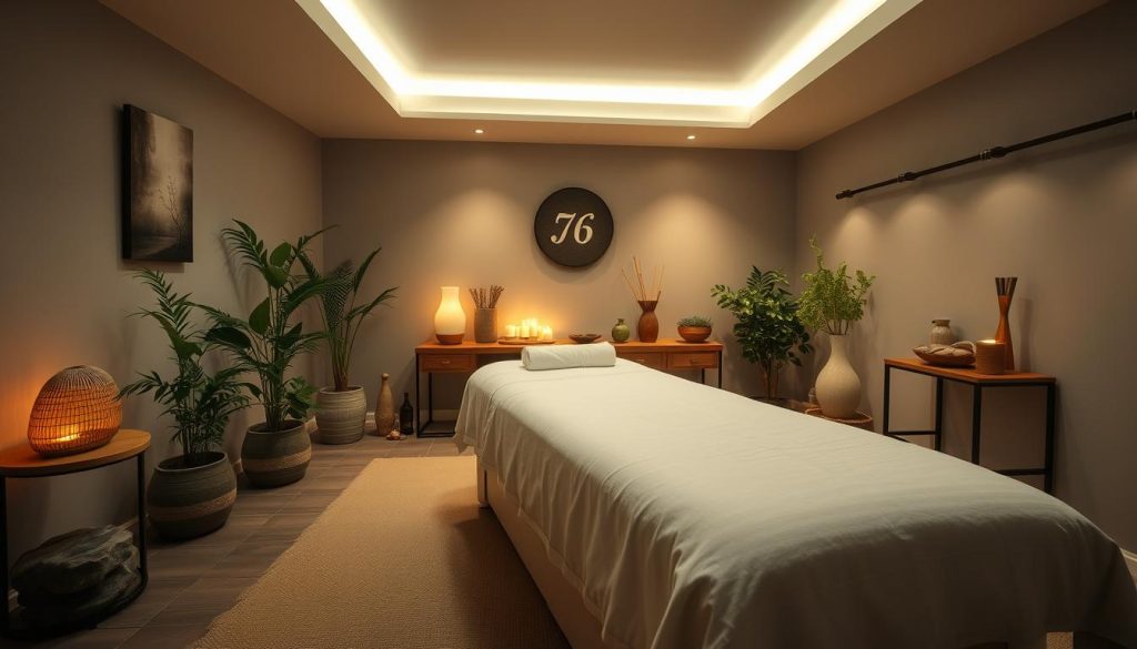 A dimly lit, cozy massage studio with soft, ambient lighting and soothing music playing in the background. The space features a comfortable massage table draped in crisp, white linens, surrounded by an array of natural elements like potted plants, smooth river rocks, and fragrant essential oil diffusers. The room has a serene, spa-like atmosphere, with muted tones of beige, sage, and soft blue creating a calming, therapeutic ambiance. The camera angle captures a wide, detailed view of the massage environment, inviting the viewer to imagine themselves relaxing and unwinding during a tranquil massage session.