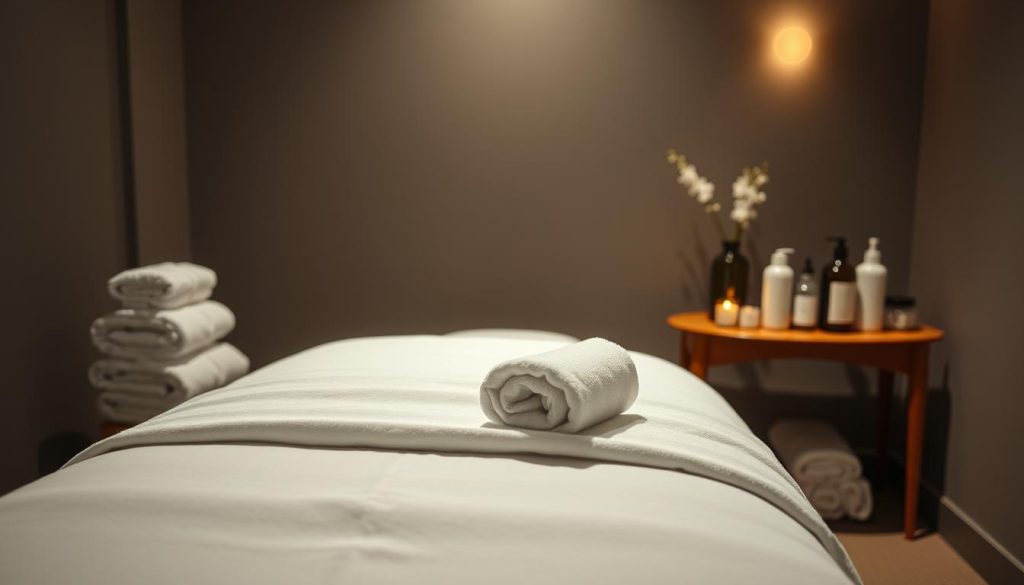 A dimly lit massage room with pristine white towels neatly folded, high-quality massage oils and lotions on a sleek wooden side table, and a plush massage table with crisp, clean linens. The scene exudes an atmosphere of relaxation and meticulous attention to hygiene, conveying the importance of maintaining the highest standards of cleanliness in a professional massage setting. Soft, diffused lighting casts a warm, soothing glow, while the composition emphasizes the centrality of the massage table and the carefully curated accoutrements that ensure a safe, sanitary experience for both the therapist and the client. A dimly lit massage room with pristine white towels neatly folded, high-quality massage oils and lotions on a sleek wooden side table, and a plush massage table with crisp, clean linens. The scene exudes an atmosphere of relaxation and meticulous attention to hygiene, conveying the importance of maintaining the highest standards of cleanliness in a professional massage setting. Soft, diffused lighting casts a warm, soothing glow, while the composition emphasizes the centrality of the massage table and the carefully curated accoutrements that ensure a safe, sanitary experience for both the therapist and the client.