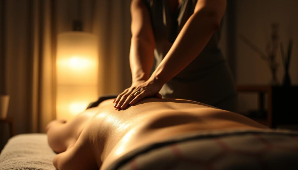 A dimly lit massage studio in Beşiktaş, Istanbul, with a serene and calming atmosphere. The camera focuses on a massage therapist's hands expertly performing deep tissue massage techniques on a client's back. Soft lighting casts gentle shadows, highlighting the intricate movements and the therapist's skilled touch. The scene conveys a sense of relaxation and rejuvenation, with attention to detail in the therapist's technique and the client's peaceful expression. The background is blurred, emphasizing the massage as the central focal point.