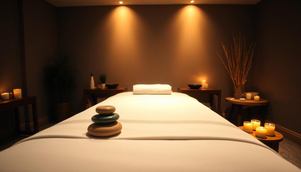 A dimly lit massage therapy room, soft ambient lighting casting a warm glow. A plush massage table in the center, freshly draped with crisp white linens. On a side table, an array of essential oils and massage tools - smooth river stones, bamboo sticks, and fragrant candles. The atmosphere is one of tranquility and relaxation, inviting the viewer to imagine the soothing, therapeutic experience about to unfold. The camera angle is slightly elevated, capturing the entire scene in a serene, calming composition. A dimly lit massage therapy room, soft ambient lighting casting a warm glow. A plush massage table in the center, freshly draped with crisp white linens. On a side table, an array of essential oils and massage tools - smooth river stones, bamboo sticks, and fragrant candles. The atmosphere is one of tranquility and relaxation, inviting the viewer to imagine the soothing, therapeutic experience about to unfold. The camera angle is slightly elevated, capturing the entire scene in a serene, calming composition.