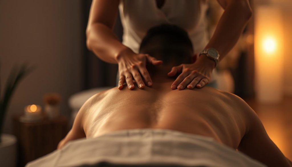 A dimly lit room, soft ambient lighting casts a warm glow over the scene. In the foreground, a massage therapist's hands gently yet firmly work into the muscles of a client's back, applying deep, focused pressure. The client's face is obscured, their body relaxed and surrendered to the massage. The therapist's movements are deliberate, their technique honed through years of experience. In the background, a plush massage table and soothing decor create a tranquil, serene atmosphere. The overall mood is one of comfort, relaxation, and rejuvenation.