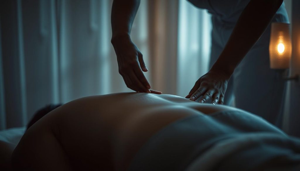 A dimly lit room, where the focus is on a tranquil massage therapist's hands skillfully working on a prone figure's lower back. The scene captures the essence of a soothing, therapeutic experience, with soft lighting casting gentle shadows and a serene atmosphere. The masseur's hands, in close-up, demonstrate the techniques of Bel masaj, targeting the lumbar region to alleviate tension and discomfort. The model's body is shown from the waist down, allowing the viewer to envision the application of these specialized massage methods. The overall composition conveys a sense of calm and relief, reflecting the restorative power of this holistic approach to managing back pain.