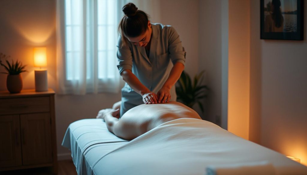 A dimly lit room with a calming atmosphere, where a professional massage therapist guides a patient through a session focused on the neck, shoulders, and waist. Diffused lighting casts a warm glow, highlighting the therapist's skilled hands as they expertly manipulate the client's muscles, promoting relaxation and healing. The massage table is positioned in the center, its crisp, white linens inviting the patient to surrender to the therapeutic experience. Subtle textures, such as the grain of the wooden furniture and the soft fabric of the therapist's uniform, add depth and realism to the scene. The overall mood is one of tranquility and wellness, reflecting the expertise and care provided by the skilled fizyoterapist.