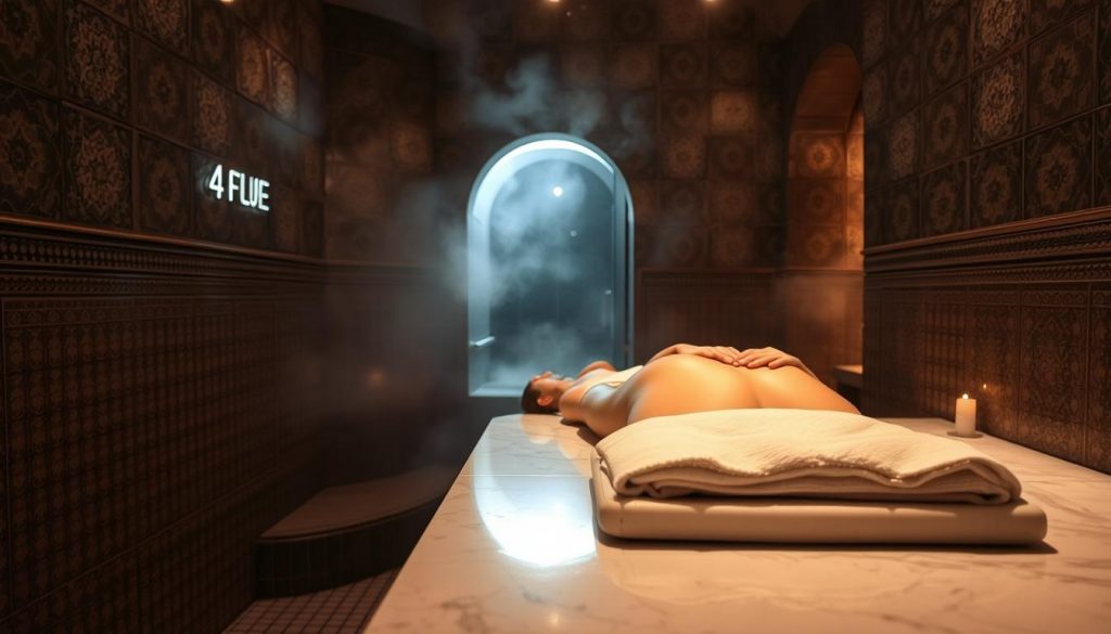 A dimly lit, serene hammam (Turkish bath) interior, with intricate tile patterns on the walls and a lush, humid atmosphere. In the foreground, a soothing massage is taking place on a raised marble slab, with a therapist's hands gently kneading the back of a relaxed client. Soft, diffused lighting creates a warm, inviting ambiance, while the background features the steam-filled chamber and the hint of an arched doorway leading to the next room. The overall scene conveys a sense of tranquility, rejuvenation, and the restorative benefits of traditional Turkish massage techniques. A dimly lit, serene hammam (Turkish bath) interior, with intricate tile patterns on the walls and a lush, humid atmosphere. In the foreground, a soothing massage is taking place on a raised marble slab, with a therapist's hands gently kneading the back of a relaxed client. Soft, diffused lighting creates a warm, inviting ambiance, while the background features the steam-filled chamber and the hint of an arched doorway leading to the next room. The overall scene conveys a sense of tranquility, rejuvenation, and the restorative benefits of traditional Turkish massage techniques.
